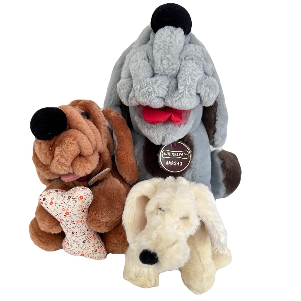 GANZ Wrinkles Stuffed Animal Dogs Gray Brown Cream Lot of 3 Plush